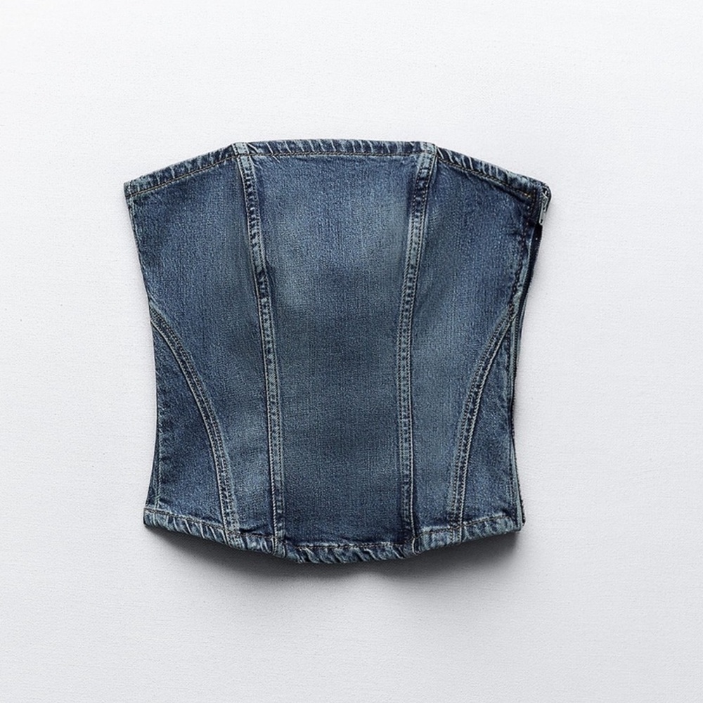 Zara Blue Denim Strapless Corset Top